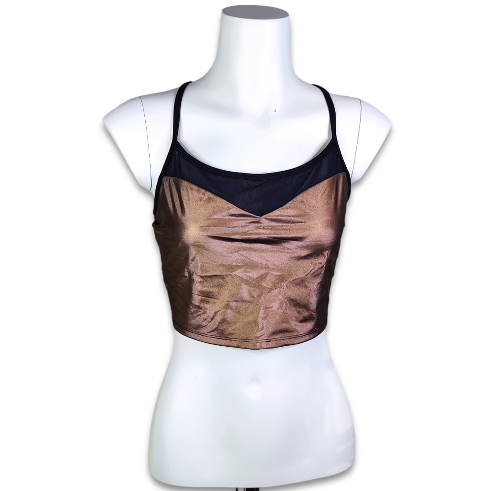 Fabletics Copper Metallic Athletic Yoga Crop Top Built in Bra w/ 2 back Straps S